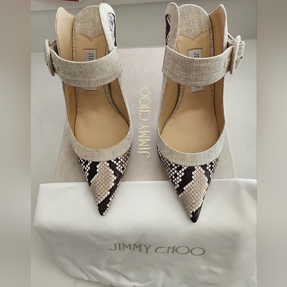 Jimmy Choo Hendrix Printed Ayers & Linen Buckle Mule 85mm
